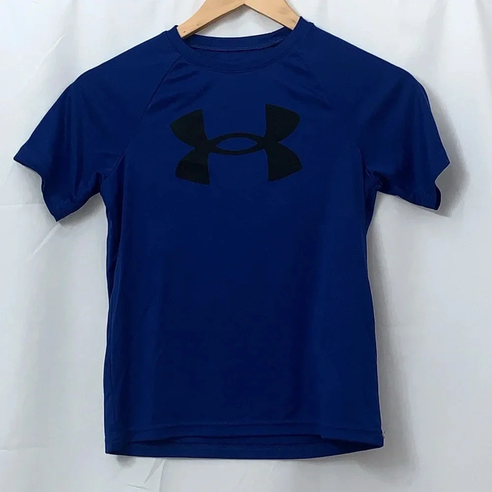 Boys Under Armour Short Sleeve‎ Blue Logo Shirt Size Small  EUC